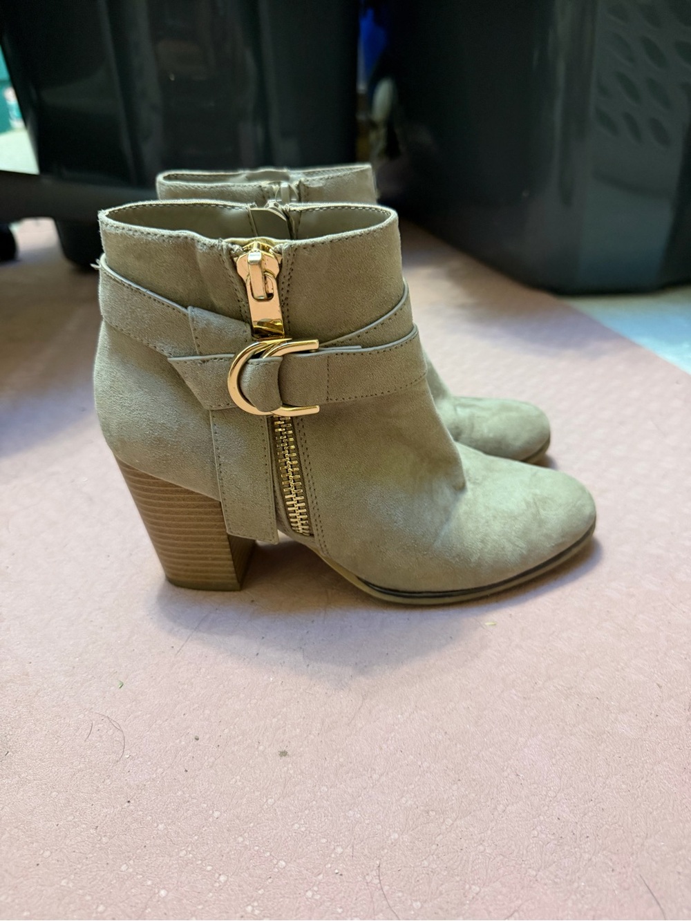 Kohl's Taupe Suede Ankle Booties with Gold Buckle